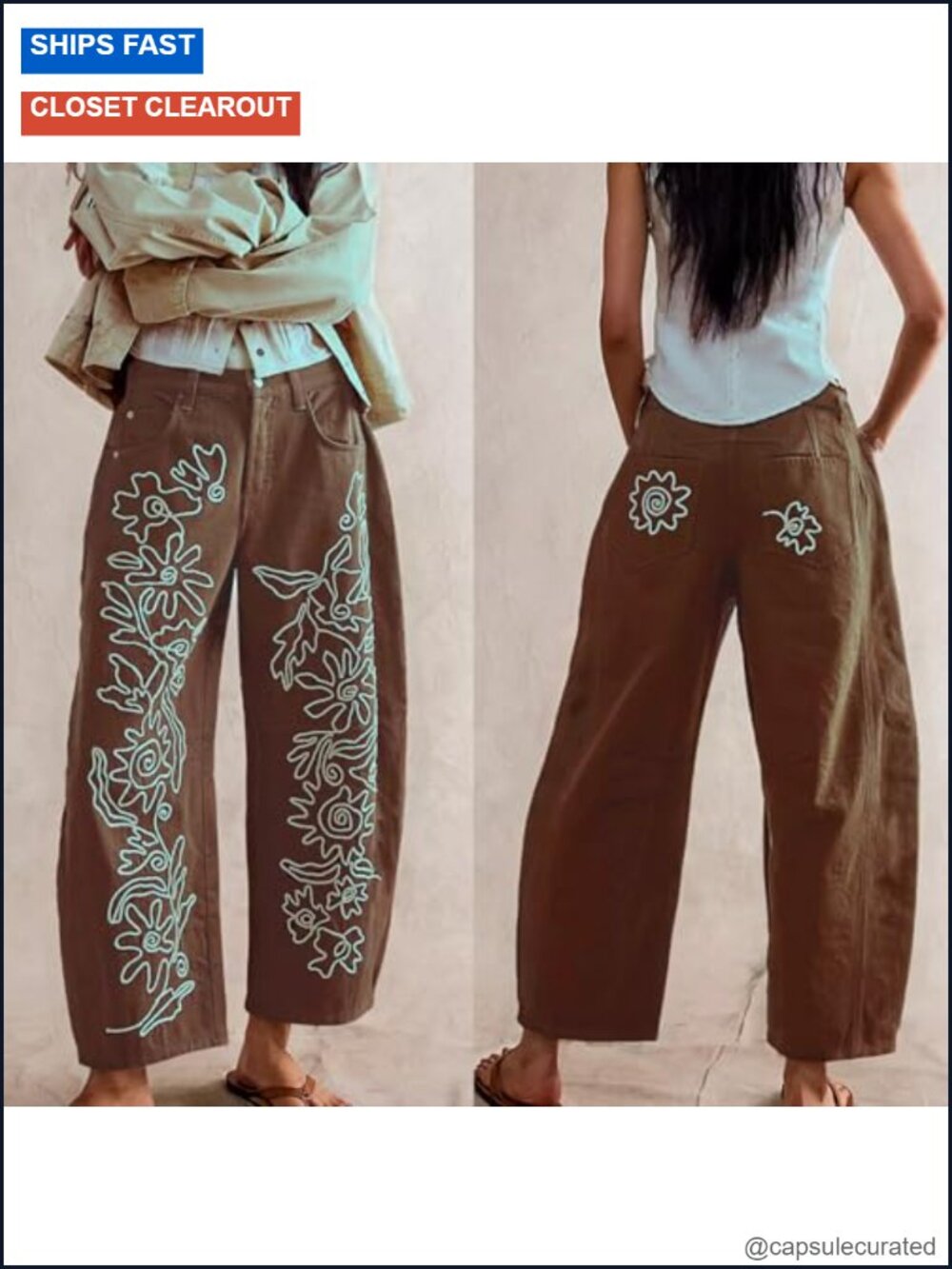 Embroidered Mid Rise Baggy Boyfriend Jeans Barrel Horseshoe Wide Leg Vintage - Picture 4 of 6